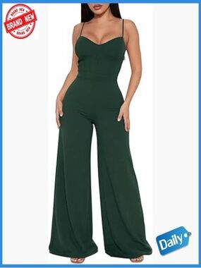 E.L.H. Studio Spaghetti-Strap Wide-Leg Jumpsuit in Dark Green